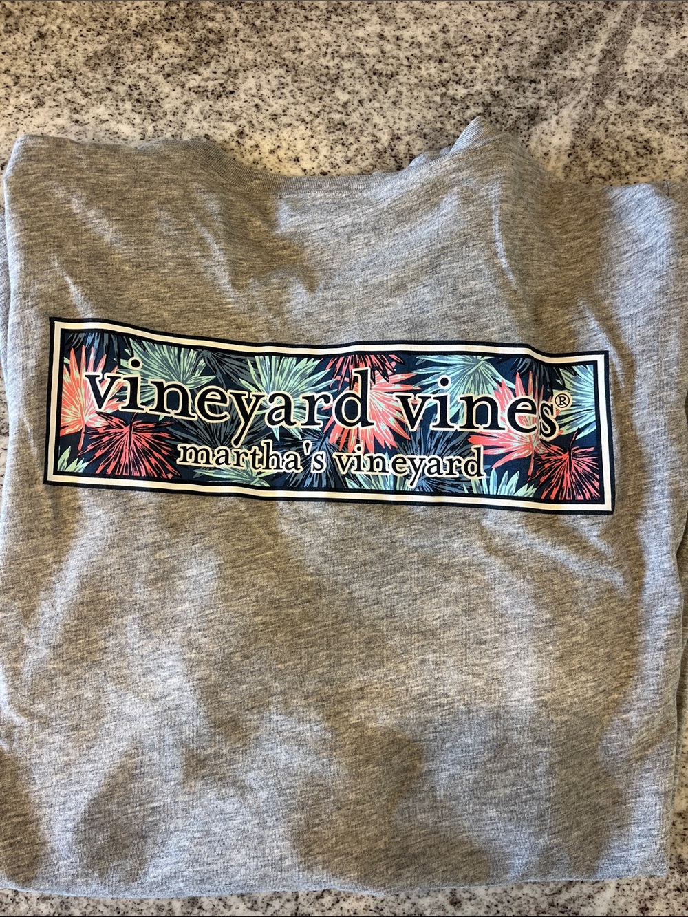 Vineyard Vines Heather Gray Long Sleeved T with Tropical Martha’s Vineyard Logo